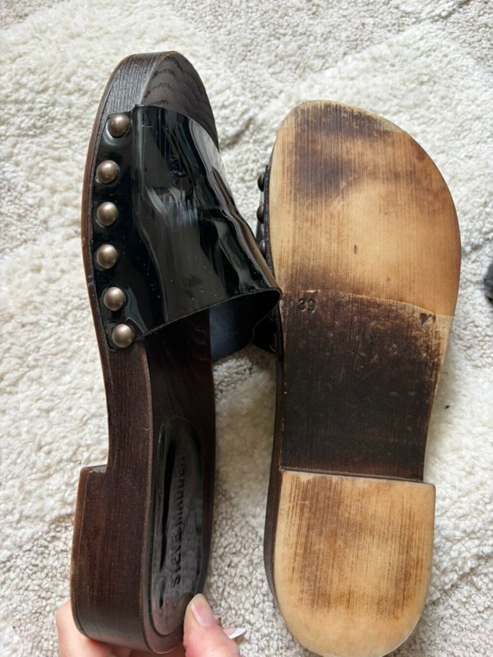 Steve Madden Slides Black, Gold, Wooden Block Sandal Slides